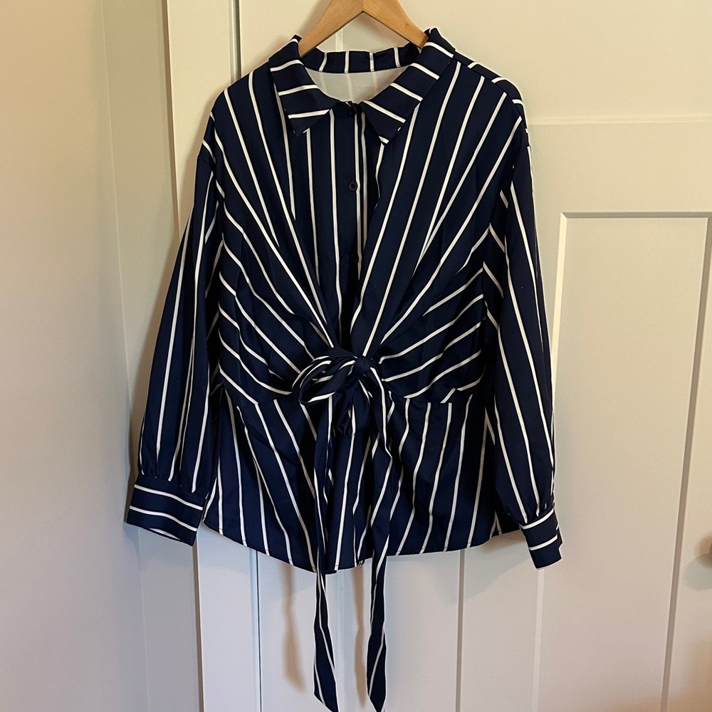 Brand Unknown Womens Navy White Striped Long Sleeve Blouse Size 2X